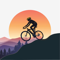 Obraz premium Silhouette Cyclist Ascending a Hill Against a Sunset Backdrop