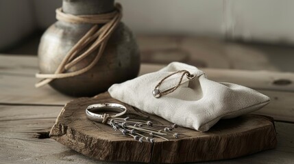 Rustic Still Life Featuring a Silver Bracelet, Linen Bag, and Dried Lavender on a Wooden Slab Composition