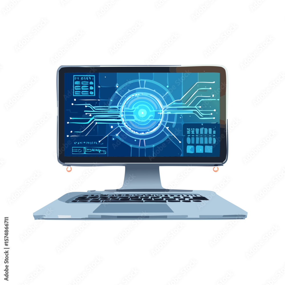 Poster stylized laptop displaying a futuristic interface with geometric shapes and data visualizations