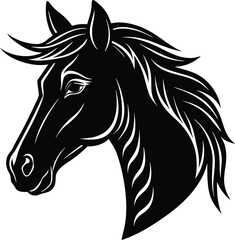 Black horse head vector with flowing mane – elegant profile illustration