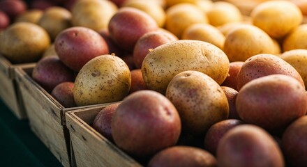 Obraz premium Freshly harvested red and yellow potatoes arranged in wooden boxes