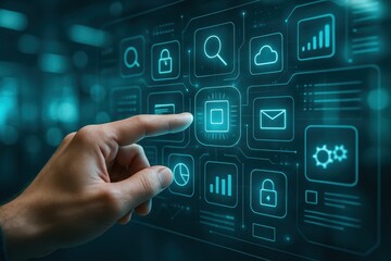 Digital Touch: A close-up shot captures a person's finger poised over a futuristic digital interface, illuminated with data, icons, and symbols.