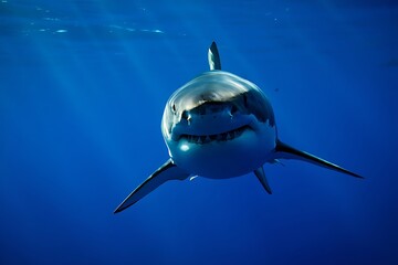 Majestic Great White Shark Surfaces from Deep Blue Ocean Waters