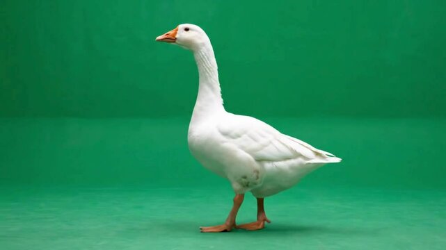 White Goose Walking on Green Screen Background