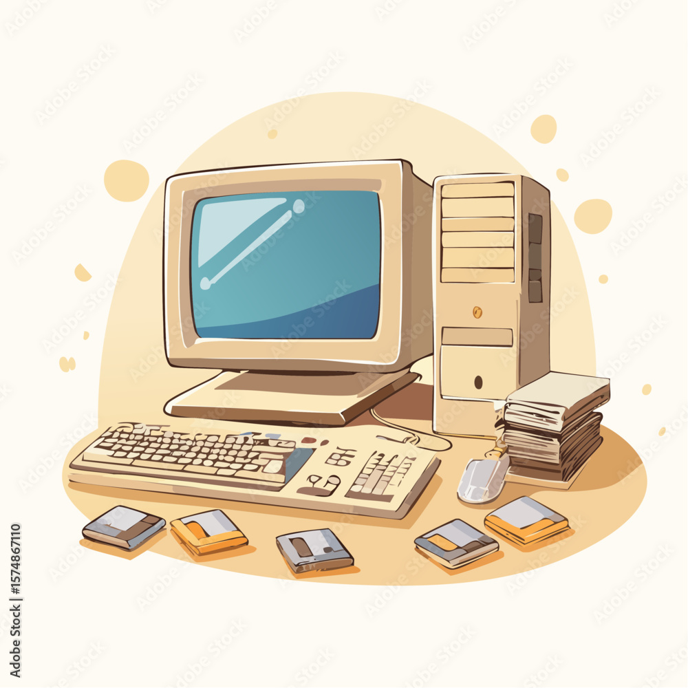 Poster vintage computer setup with monitor keyboard mouse and floppy disks