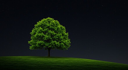 A solitary tree stands on a grassy hill under a dark night sky filled with scattered twinkling stars