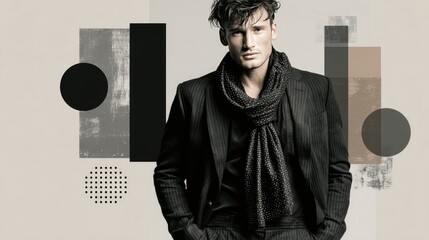 Fashionable Man in Stylish Suit with Artistic Geometric Background