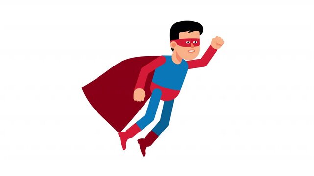Animated superhero character flying in dynamic pose with red cape and mask. Colorful flat cartoon style. Looped animation with alpha channel