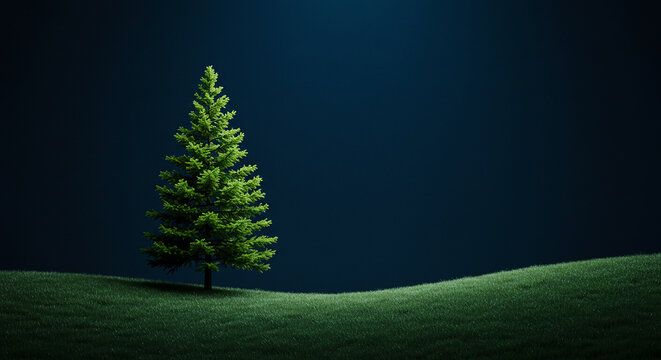 A single green christmas tree on a grassy hill against a dark blue background in a minimalist style