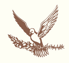 Vector drawing. Dove with thorn in the sky