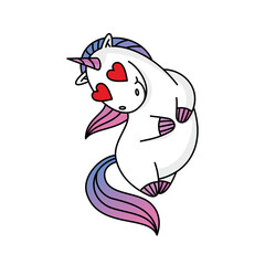 A cheerful unicorn with heart-shaped eyes is playfully leaning and smiling. Its vibrant mane reflects a mix of purple and pink, showcasing a whimsical aura that radiates happiness