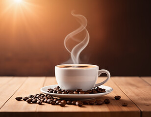 A cozy warm morning cup of coffee with delicate gold-rimmed teacup, roasted beans and autumn sunlight on a wooden table, capturing calm, tranquility and vintage elegance