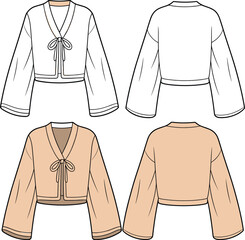 Women's Fashionable Cropped Kimono Top Design Template, Front Tie Closure with V-Neckline, Wide Sleeves, White and Beige Color Options, Stylish Apparel Mockup, Modern Ladies Outerwear, Trendy Look.