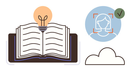Open book with lightbulb denoting ideas, user profile verification, and cloud representing data storage. Ideal for education, innovation, online security, technology, creativity, learning digital