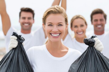 Smiling woman holding black garbage bags with friends in background, participating in community cleanup event, promoting environmental awareness and teamwork for World Cleanup Day
