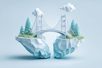 Fototapeta premium A stunning 3D artwork displays a bridge connecting two floating ice formations, surrounded by trees and clouds