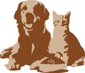 Brown and Beige Vector Illustration of Golden Retriever Dog Orange Tabby Cat and Pet Food Bowl