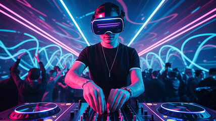 Dj with vr headset plays for a crowd in neon club stage