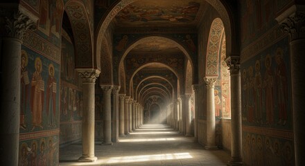 Fototapeta premium A long, arched hallway within a historic building, bathed in sunlight. Sunlight streams through windows, illuminating the passage. Ornate murals adorn the walls