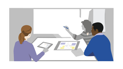 People collaborating around a table with tablets and a whiteboard in a meeting room setting