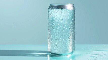 Refreshing aluminum can with water droplets, showcased against a serene light blue background evokes cleanliness and crispness perfect for a thirst quenching campaign.