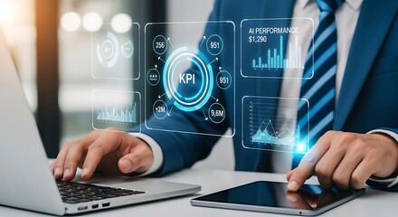 Business Professional Analyzing Key Performance Indicators and Data Analytics on Digital Devices for Strategic Growth