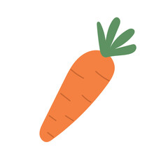 Bright orange carrot with green top in flat cartoon style, great for healthy food illustrations, kids' farming content, or organic vegetable icons.