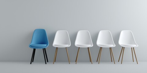 Single blue chair among four white chairs arrangement minimalist design contrast concept