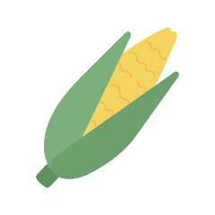 Yellow corn cob with green husk in cheerful cartoon style, ideal for harvest visuals, farm-themed graphics, or healthy food illustrations.