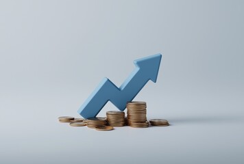 Blue arrow rising above coin stacks symbolizing economic growth and financial success