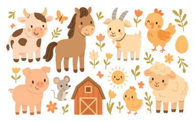 Cute cartoon farm animal set with cow, pig, horse, and chick surrounded by flowers and sun, perfect for kids’ farm books or educational printables.