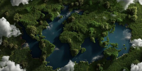Naklejka premium Aerial view of waterways shaped like world map in lush green landscape