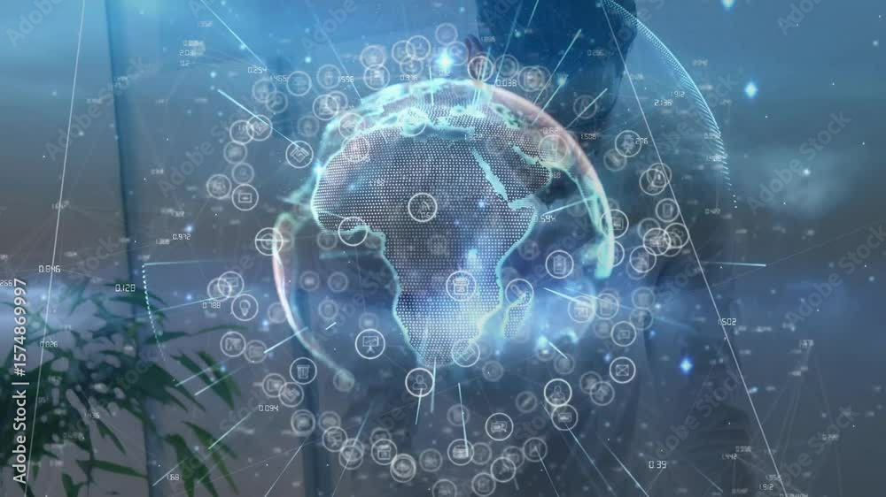 Poster man typing tech commands on laptop, activating rotating holographic globe with pulsing data icons
