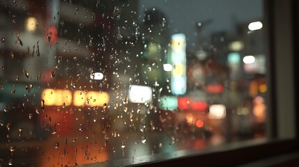 Obraz premium Rainy Night Cityscape Viewed Through a Window with Raindrops