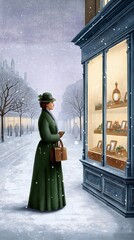  Vintage Woman Window Shopping in a Snowy City