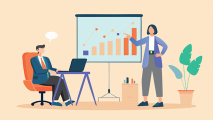 Woman presenting a growth chart to a seated man working on a laptop in an office setting indoors