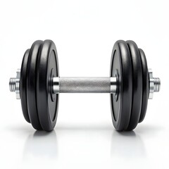 Naklejka premium Heavy Black Adjustable Dumbbell With Metal Handle And Weight Plates Isolated On White Background Front View For Fitness Training