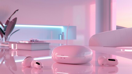 A Serene Arrangement of Pink Earbuds and Case in a Minimalist, Futuristic Pink and White Setting with Reflections and Soft, Dreamy Lighting.