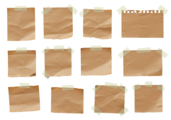 Ultra-realistic crumpled brown kraft paper pieces, irregularly shaped, torn and cut, affixed with glossy clear tape, on a transparent background with copy space, studio lit, no shadows, flat lay.