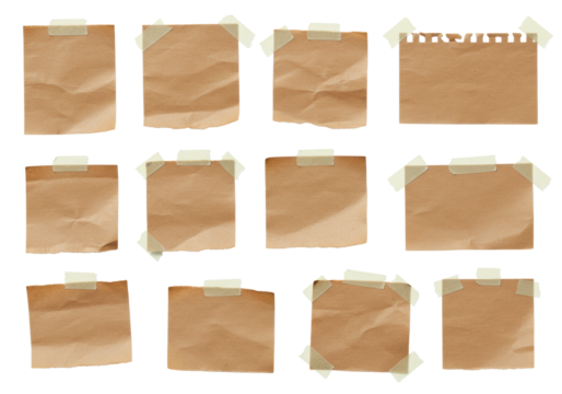 Ultra-realistic crumpled brown kraft paper pieces, irregularly shaped, torn and cut, affixed with glossy clear tape, on a transparent background with copy space, studio lit, no shadows, flat lay.