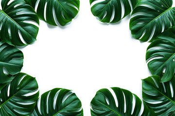 Green Monstera Leaves Framing a Clean White Background for Text or Image Overlay