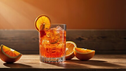 Aperol Spritz Cocktail with Orange Slice on Vibrant Background and Copy Space