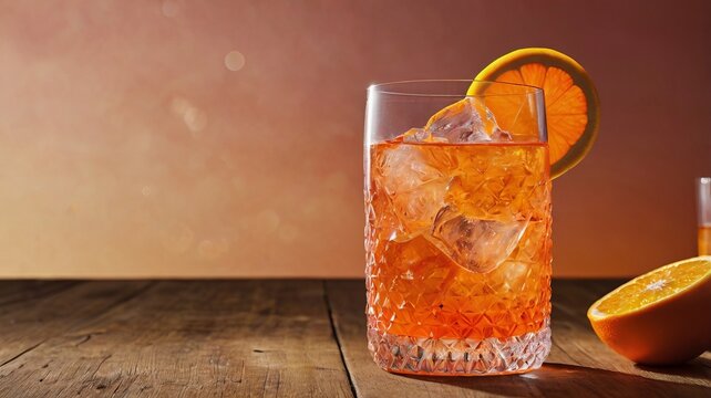 Aperol Spritz Cocktail with Orange Slice on Vibrant Background and Copy Space - Powered by Adobe