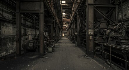 A long, dark industrial hall, filled with aged machinery