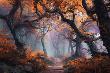 Ethereal Autumn Forest Path with Orange Leaves and Misty Background