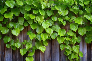 Lush green foliage cascades down a weathered wooden fence creating a natural display