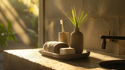 Serene Bathroom Still Life with Natural Light Highlighting Earthy Tones and Textures for Relaxing Spa Atmosphere