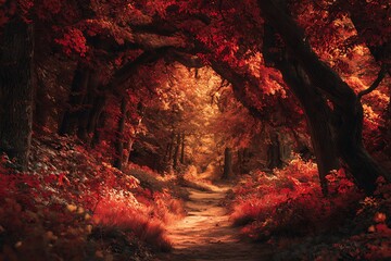 An Enchanting Autumn Path with Vibrant Red and Orange Leaves