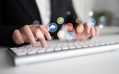 Set of business and digital service icons representing finance, cloud, analytics, email,...