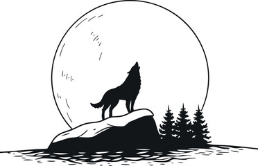 Lone Wolf Howling at the Moon – Minimalist Silhouette Illustration